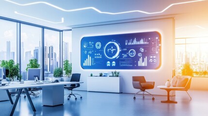 Modern Futuristic Office Space with Data Visualization Display