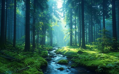 Obraz premium Sunlit stream flows through a misty, moss-covered forest.