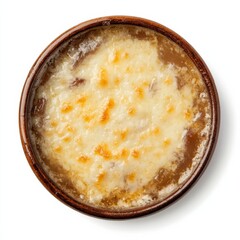 A classic French onion soup with melted gruyere cheese, isolated white background, impressionist art style
