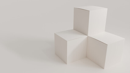 A three-dimensional multicolor packaging design featuring a white cube structure on the white background