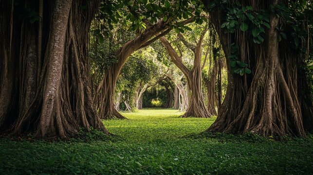Majestic Canopy: A Serene Pathway Through Ancient Banyan Trees in Lush Green Paradise - Powered by Adobe