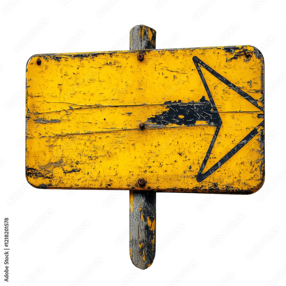 Poster a heavily weathered yellow wooden sign with a black arrow pointing right, showing its age and textur