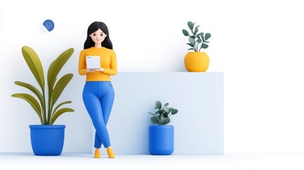 Young Woman Holding Tablet in Modern Minimalist Indoor Space