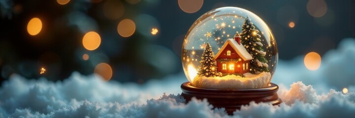 Glittering golden snow globe containing a miniature Christmas scene, sparkle, peaceful