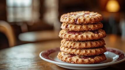 Stacked jam cookies cafe table, rustic setting