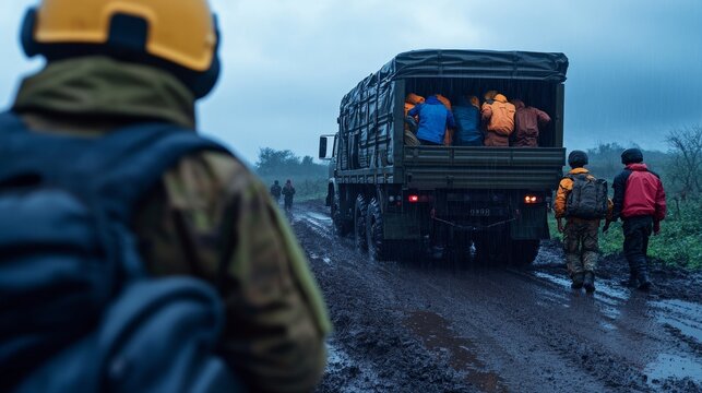 Soldiers assisting in loading supplies into a military truck on a muddy road during a cloudy day