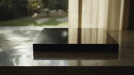 Black rectangular object rests on marble surface near window