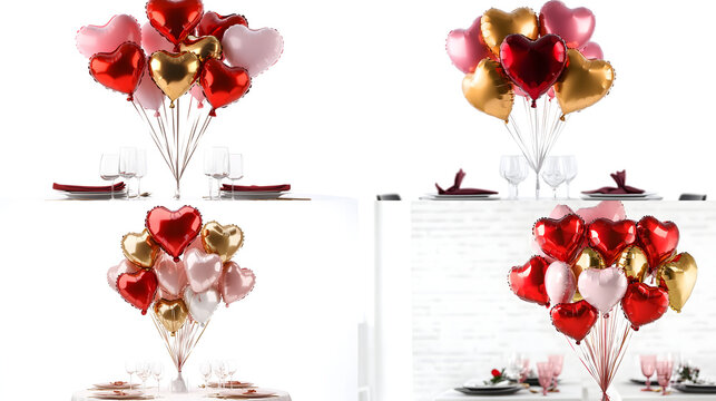 ? Heart-shaped balloon bouquet in red, pink, and gold floating above a romantic dinner setting isolated on white background in HD .-# Create, explore, and organize on [midjourney.com](<https
