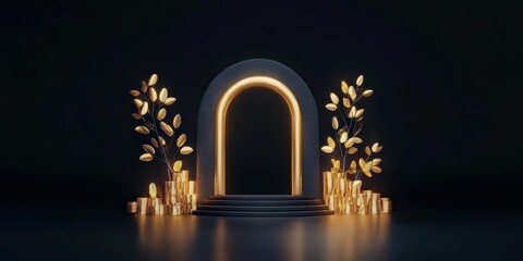 Fototapeta premium Showcasing a money vault on stage with tax reduction icons at a business event in a dark atmosphere