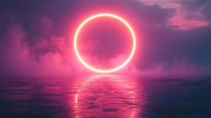 Glowing Neon Circle Above Pink Water Scene
