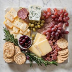 Rectangular cheese and meats platter on white marble countertop with assorted cheeses, olives, and salami in stylish arrangement.