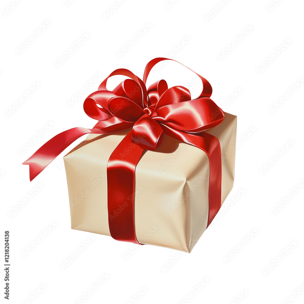 Poster the image shows a digitally rendered beige gift box adorned with a large, bright red satin ribbon ti