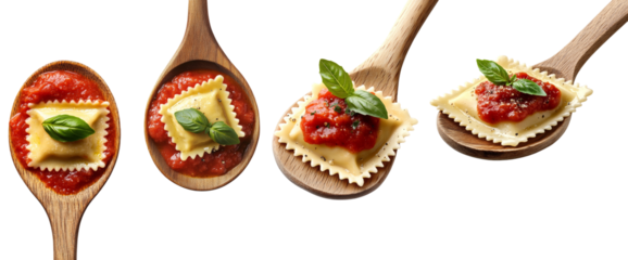 Four wooden spoons display raviolis topped with tomato sauce and fresh basil against a black background.