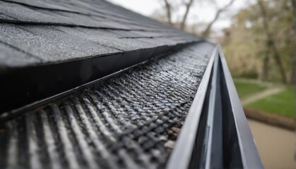 CloseUp of Metal Gutter with Perforated Pattern on House Side, Shingled Roof, and Tree in Residential Area View.
