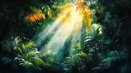 Obraz premium Sunbeams Illuminate Lush Tropical Jungle Foliage