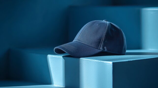 Blue baseball cap on blue steps, studio shot, fashion product