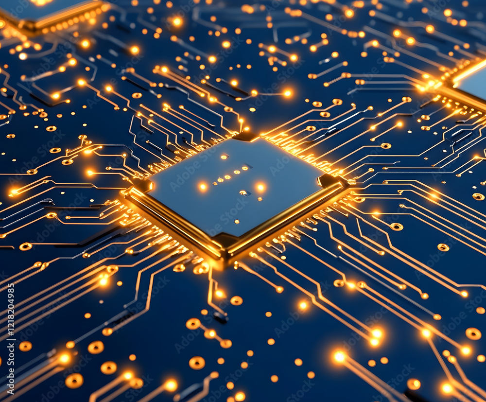 Poster Close-up of a circuit board with glowing connections and a central processor chip