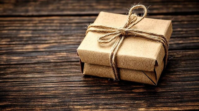 Small brown gift wrapped in string resting on a rustic wooden table in a cozy setting