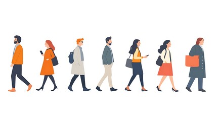 Diverse group of people walking in a line, wearing various attire