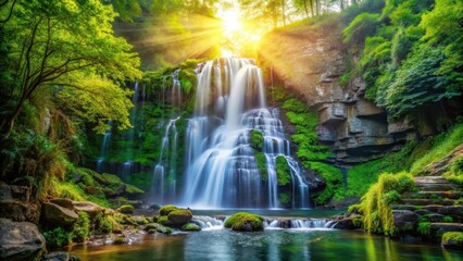 Fototapeta premium Dense foliage surrounds crystal clear waterfall cascading down a rocky cliff amidst vibrant greenery and sunlight filtering through the leaves , lush green, forest