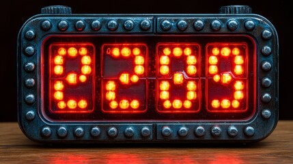 Red LED digital clock showing 223, on dark wood