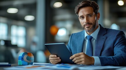 Confident Businessman Working on Tablet in Modern Office