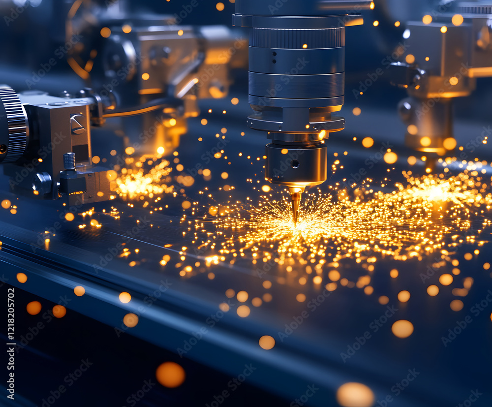 Poster Laser cutting process creating sparks on a dark surface in a modern factory setting
