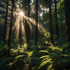 Obraz premium A dense forest with sunlight streaming through the trees.