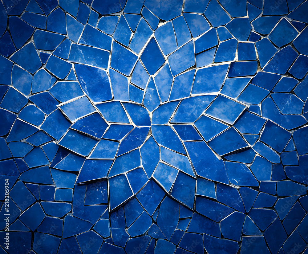 Poster blue mosaic pattern with intricate geometric shapes and textures