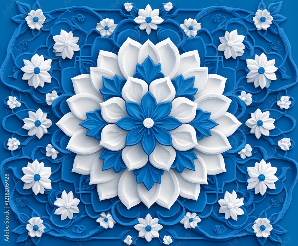 Poster decorative blue and white floral design with intricate patterns and layered textures