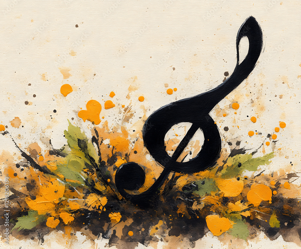 Poster musical note surrounded by colorful splashes and foliage in an artistic design