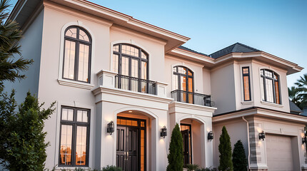 Naklejka premium Luxury Home Exterior: Modern Architectural Design, Elegant Facade, Dream House, Real Estate