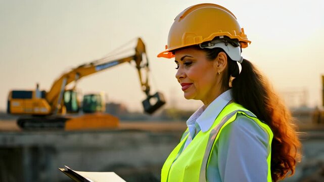 Middle aged Caucasian female supervisor with clipboard on construction site. A determined supervisor conducts safety checks, prioritizing worker protection.