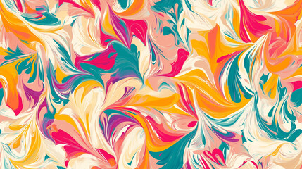 Abstract, colorful pattern with swirling shapes and fluid lines in pink, orange, teal, yellow, beige, and white colors. Modern vector illustration of a marble texture background for a design element. 