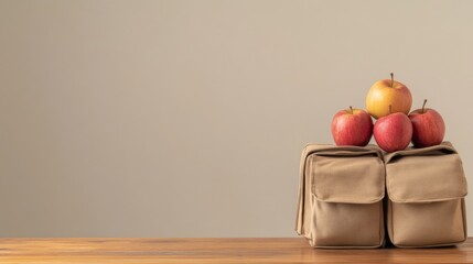Red and yellow apples on a beige bag on wooden table against a beige background.
