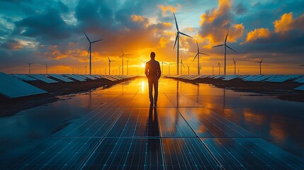 Fototapeta premium Man standing on solar panels, facing renewable energy farm at sunset.