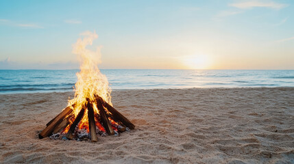 Fototapeta premium beach bonfire at dusk with ocean in background creates serene atmosphere