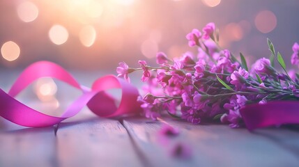 Fototapeta premium A Beautiful Arrangement of Pink Flowers and Ribbon on Wooden Surface with Soft Blurry Background Highlighting Natural Beauty and Elegance