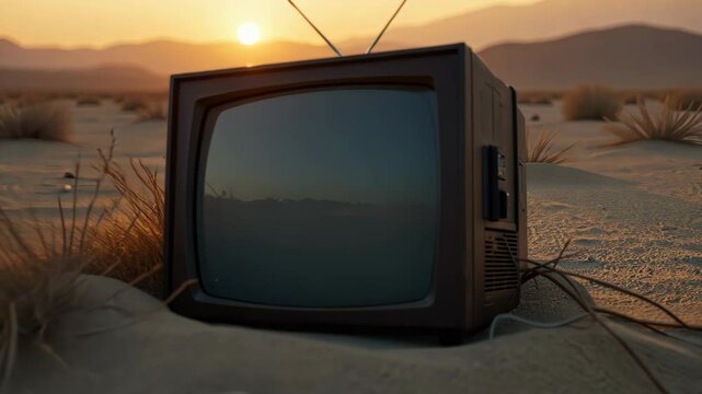 Old CRT Television Partially Buried in Desert Sand at Sunset Against Expansive Landscape of Rocks and Bushes