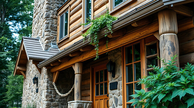Rustic Log Cabin Home with Stone Exterior and Stunning Natural Details. This cozy and luxurious house is perfect for those seeking a peaceful retreat in the woods.