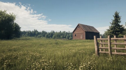 Obraz premium Rustic wooden barn in a serene green field, surrounded by trees under a partly cloudy sky.