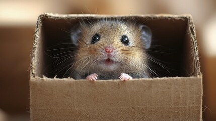 Fototapeta premium Adorable Mouse Peeking From Cardboard Box
