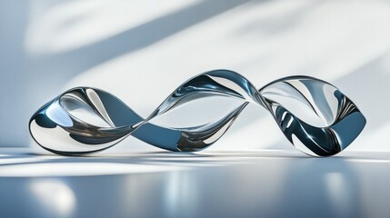 A 3D rendering of smooth abstract metal curves with a mirrored surface, creating a dynamic play of light and shadow.