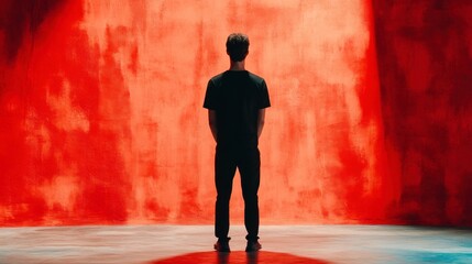 Fototapeta premium Person Standing Alone in Front of Red Abstract Background
