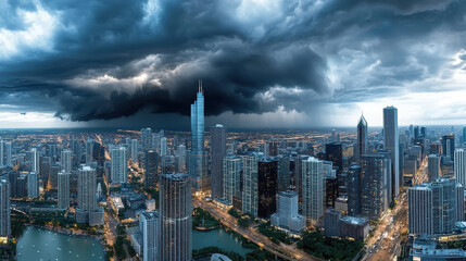 Fototapeta premium city skyline shrouded in dark storm clouds, creating dramatic atmosphere