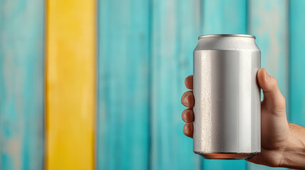 Fototapeta premium hand holding cold, silver beer can against colorful wooden background