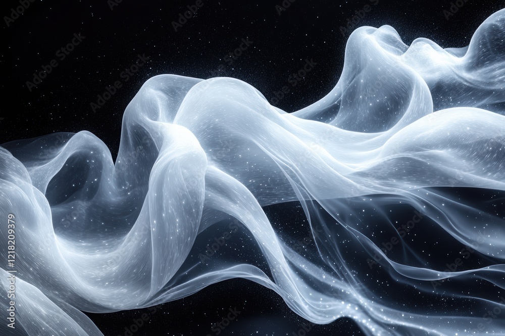 Poster a beautiful and ethereal display of translucent fabric flowing gracefully against a dark background,