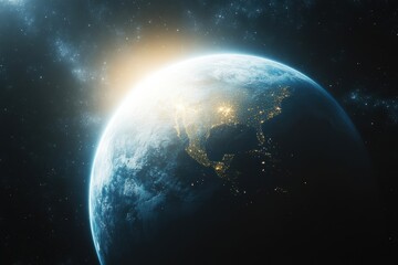 A breathtaking view of Earth from space, showcasing vibrant lights of cities as the sun rises, illuminating our planet in a beautiful cosmic scene.