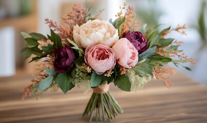 A natural bouquet of peonies featuring partially unopened buds, arranged with a soft and delicate aesthetic, Generative AI 