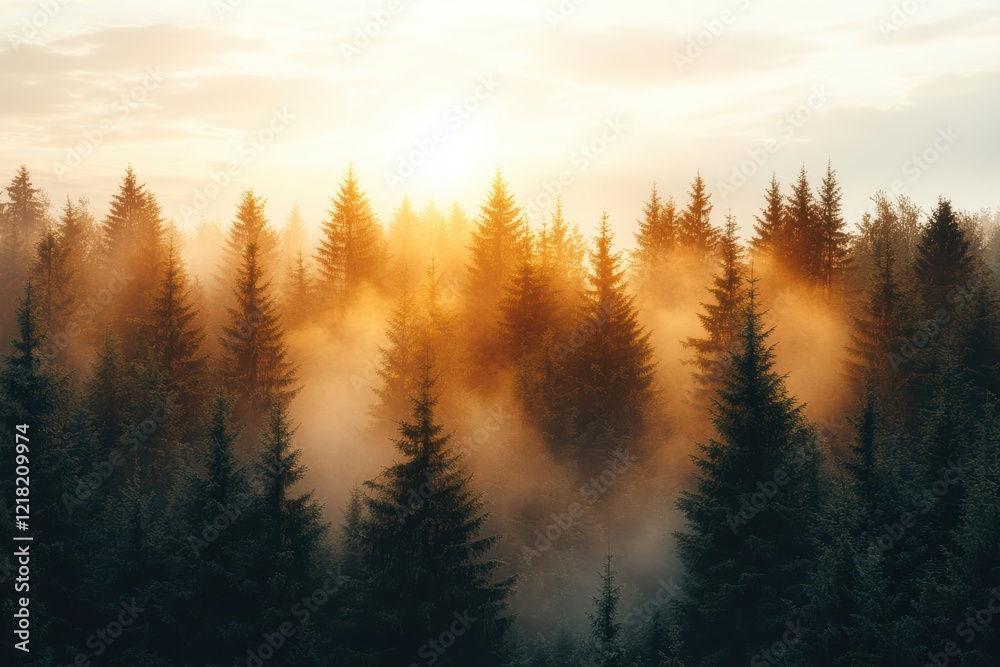 Poster a breathtaking view of a forest at sunrise, with sunlight filtering through fog and evergreens, crea